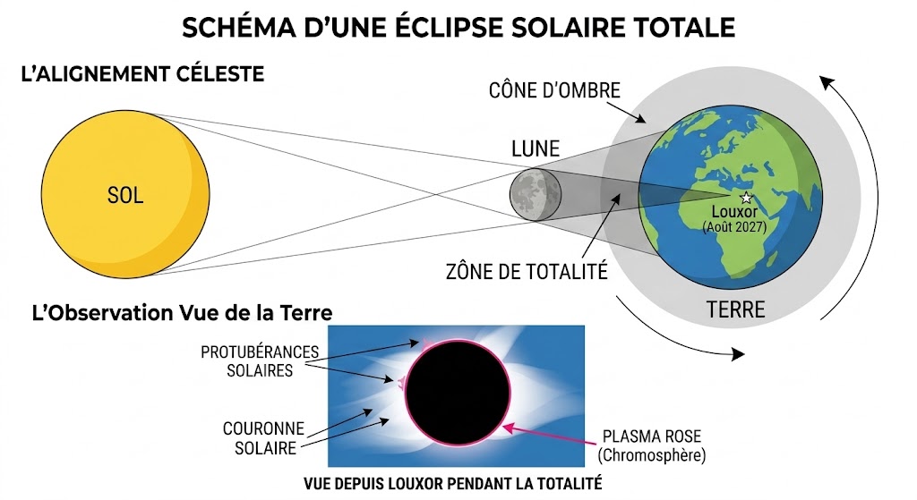 Schéma d'une éclipse solaire totale