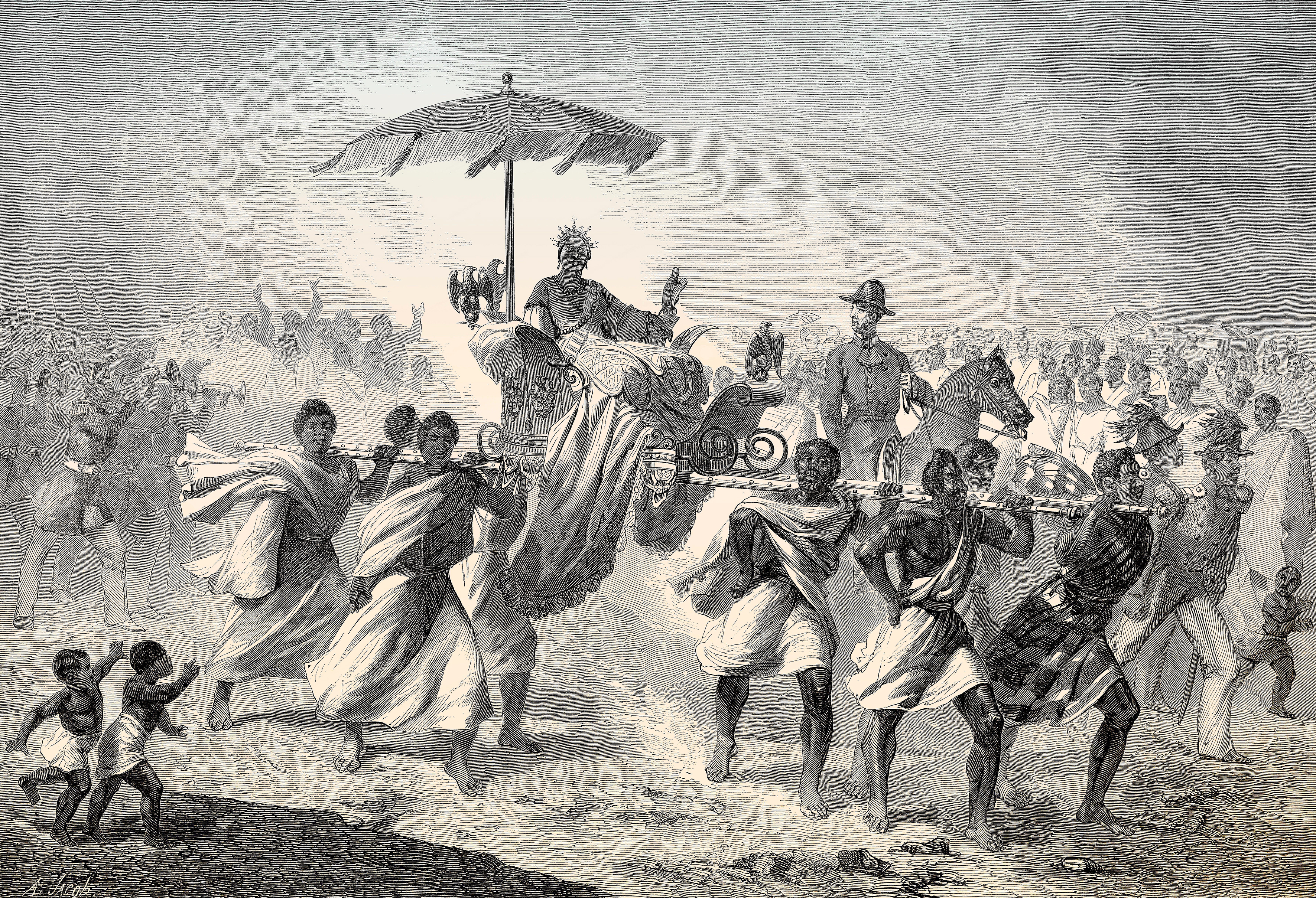 Dessin de Ranavalona sur sa chaise à porteurs