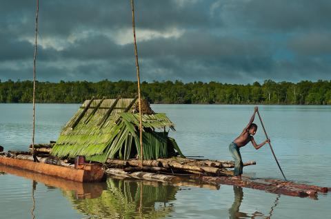 Radeau de troncs de sagoutiers en Papouasie-Nouvelle-Guinée