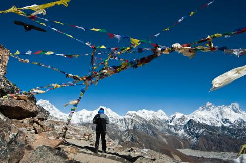 Renjo pass at 5340 m, with view on, Gokyo lake, Everest, Nuptse and Lhotse and Makalu in Kumbhu region in Nepal