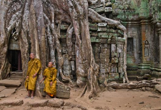 Rencontre de moines au temple de Ta Prohm sur le site d'Angkor