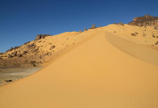 Trekking et dune sur un plateau minéral dans l'Adrar