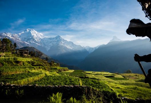 L’Annapurna sud, le Hiunchuli et le Machapuchare depuis le village de Ghandruk au Népal