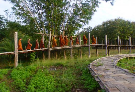 Trek vers une file de moines sur pont de bambou dans la région de Mae Hong Son