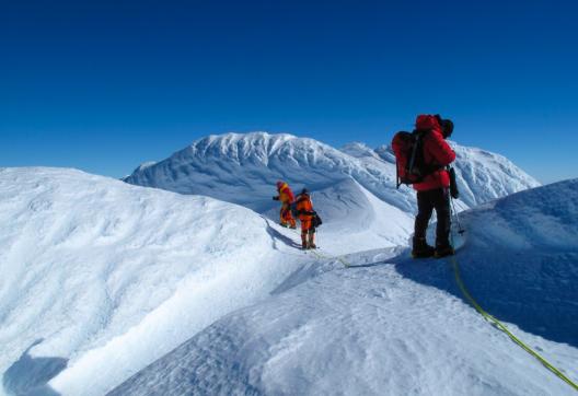 Route finding through snow rime 'mushrooms' on Mount Sidley's summit ridge.