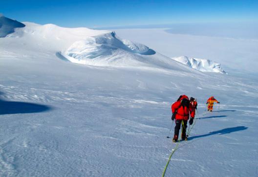 Roped travel on Mount Sidley's summit ridge