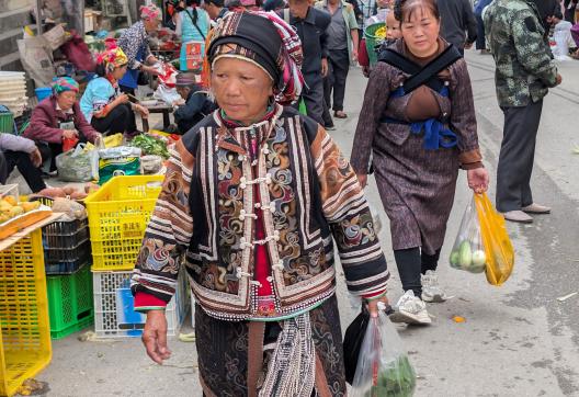 Randonnée vers une femme Yi dans le marché de Tianpeng au sud-est du Yunnan