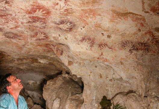 Observation de peintures murales préhistoriques dans une grotte de Kalimantan