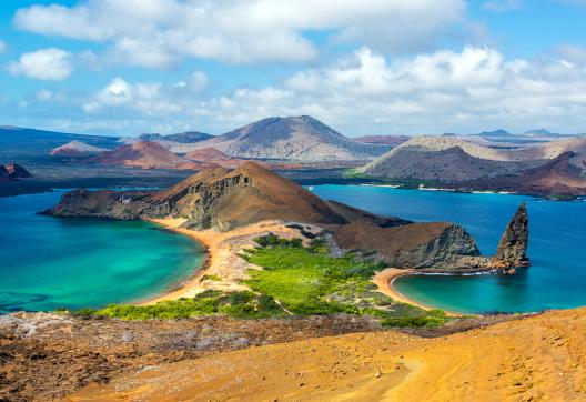 View of two beaches on Bartolome Island in the Galapagos Islands in Ecuador