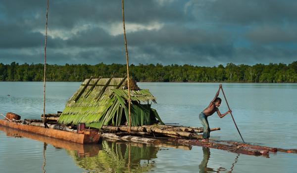 Radeau de troncs de sagoutiers en Papouasie-Nouvelle-Guinée