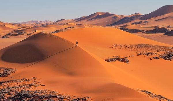 Découverte d'un voyageur sur une dune dans la Tadrart