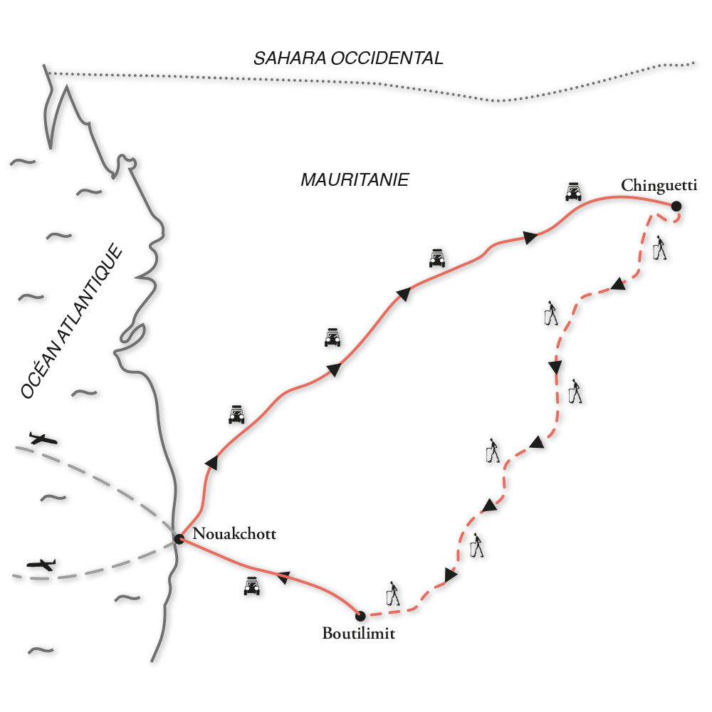 Itinéraire Grande traversée nord/sud de la Mauritanie en randonnée chamelière