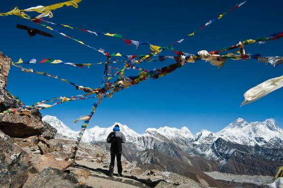 Renjo pass at 5340 m, with view on, Gokyo lake, Everest, Nuptse and Lhotse and Makalu in Kumbhu region in Nepal