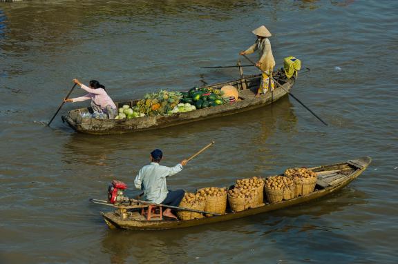 Rencontre de pirogues chargées de fruits près du marché flottant de Cai Rang