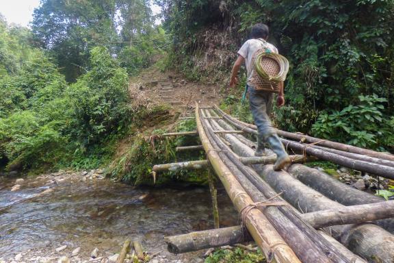 Randonnée et traversée d'une rivière vers un village adi de l'Arunachal