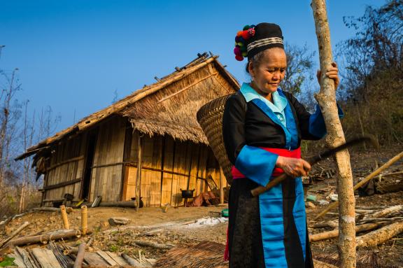 Trekking vers une femme du peuple hmong dans le bassin de la rivière Nam Ou