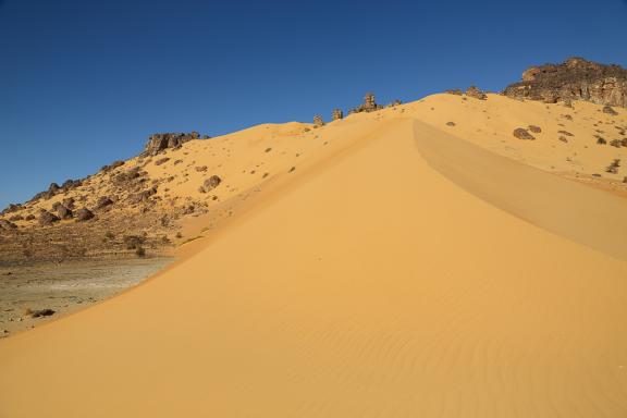 Trekking et dune sur un plateau minéral dans l'Adrar