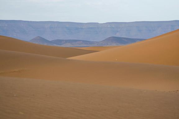 Trekking sur des dunes devant un massif dans la vallée du Drâa