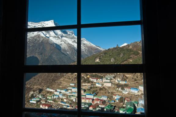 View from Yeti Mountain Home in Namche Bazar 3440 m in Kumbhu region in Nepal