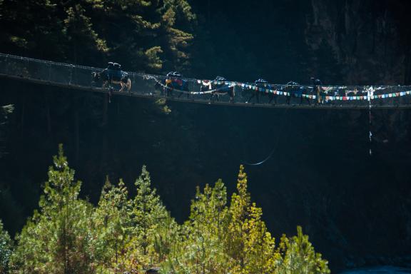 Pont suspendu entre Monjo et Namche bazaar dans la région de l’Everest au Népal