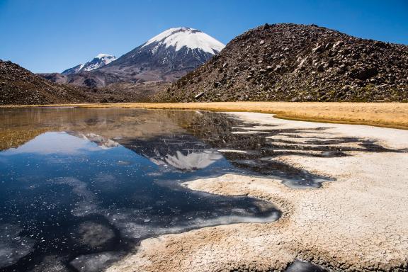 Le lac Chungara et le Parinacota (6 300 m) dans le désert d’Atacama au Chili