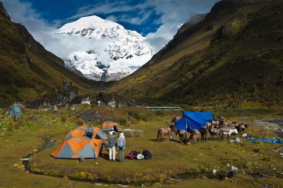 Trek du Jhomolari, camp de base du Jhomolhari à 4000 m, dans la région de Timphu au Bhoutan