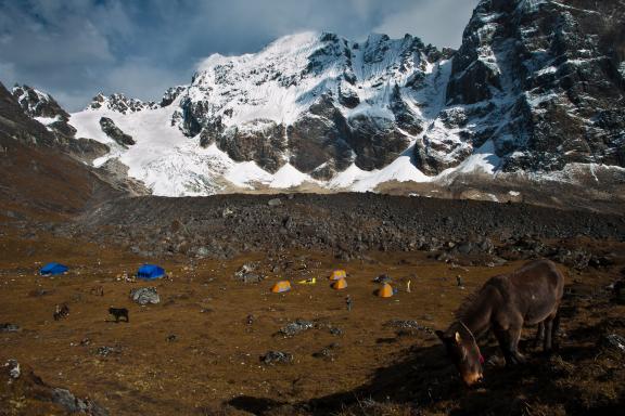 Gangla Karchung à 6390 m au camp de Narithang à 4900 m pendant le Snowman trek au Bhoutan