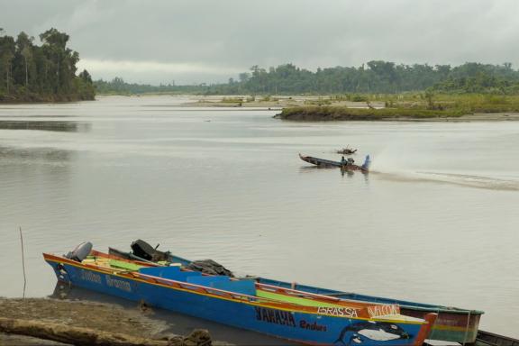 Navigation sur un fleuve du sud de la Papua en direction du territoire des Korowai