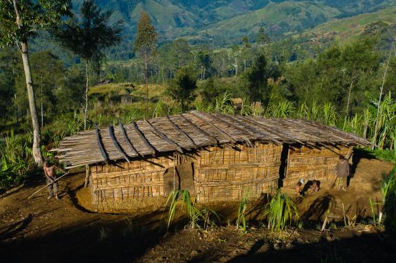 Trek vers une maison en feuilles de pandanus dans les montagnes de Simbai