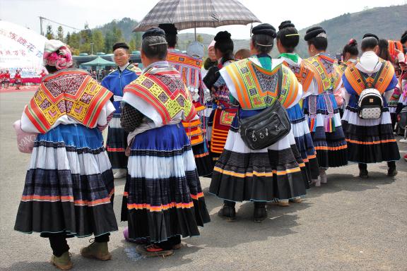 Trek avec des femmes miao petites fleurs vers la fête Tiaohua à Nankai