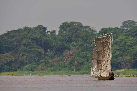 Pirogue équipée d'une voile sur le fleuve Congo e RD Congo