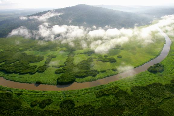 Colline de Kaw, en Guyane avec les marais vus du ciel