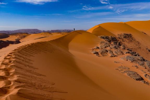 Trek sur une crète d'une dune dans la Tadrart