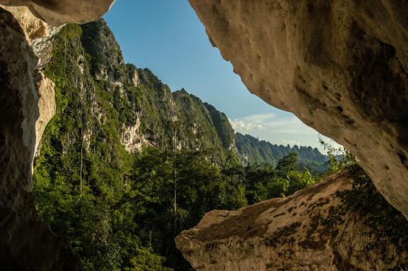 Randonnée dans un paysage karstique truffé de grottes à Kalimantan sur l'ile de Bornéo
