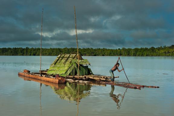Navigation vers un radeau de troncs de sagoutiers dans la province du Gulf